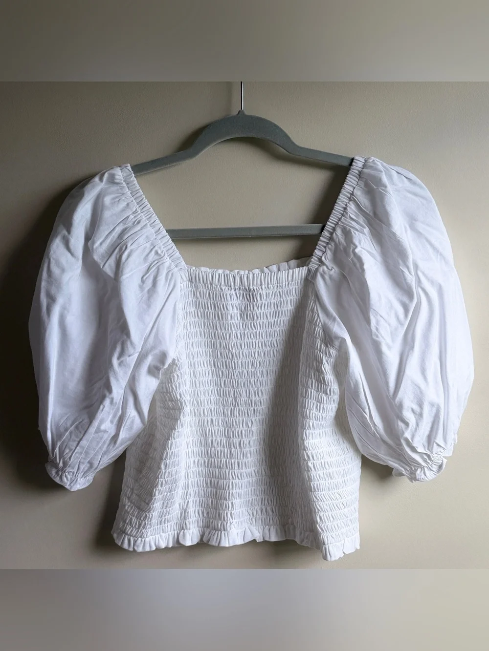 LOFT White Smocked Square-Neck Puff Sleeve Blouse Women’s Size Large